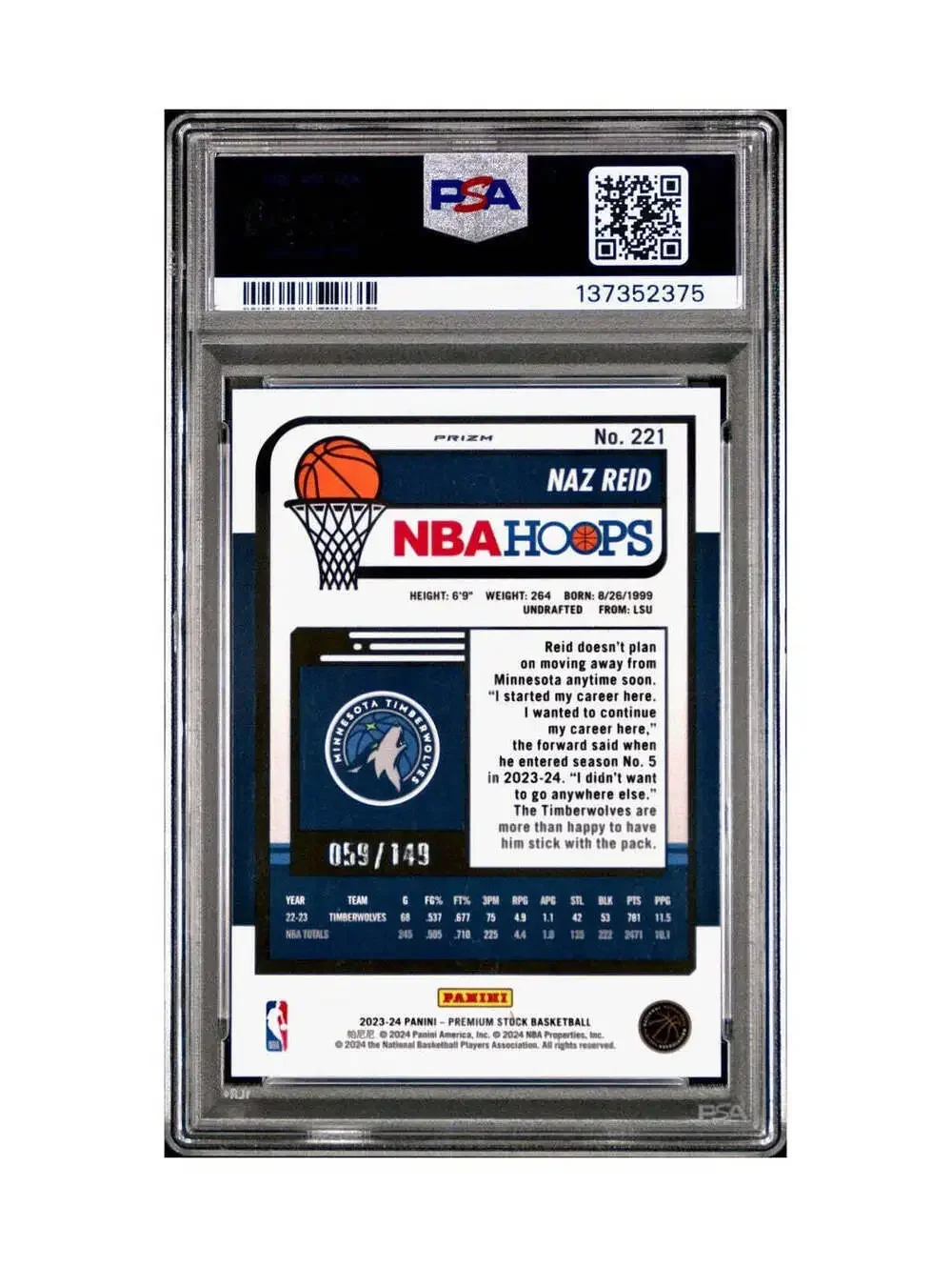 Naz Reid 2023 Panini Hoops Premium #221 59/149 Red Disco Prizm PSA 10 Gem Mint